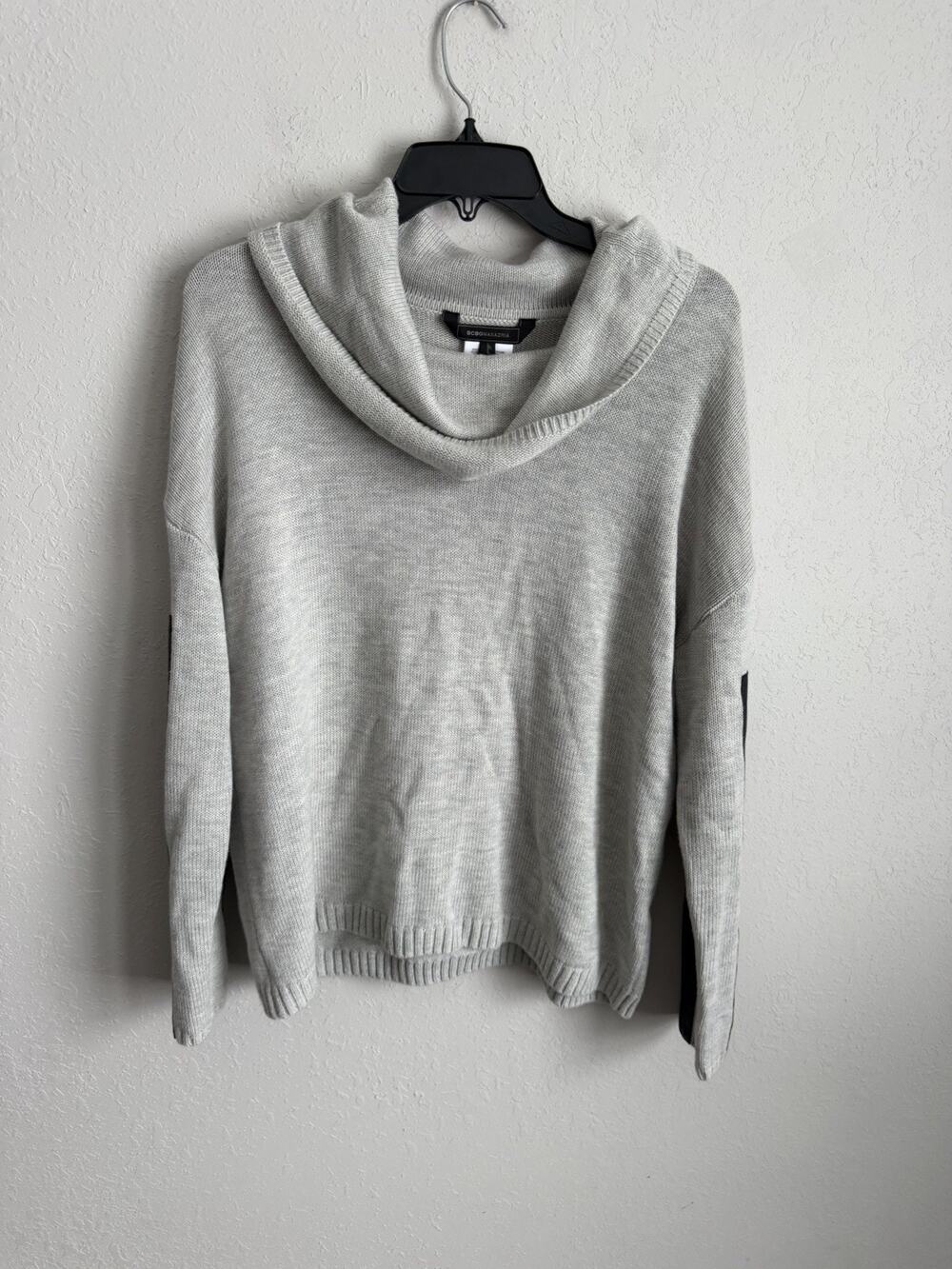 BCBGMaxAzria Gray Cowl Neck Sweater Faux Leather Sleeve Patch Womens S Moto